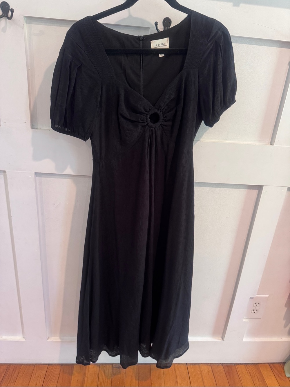Black Puff-Sleeve Midi Dress with Ring Detail